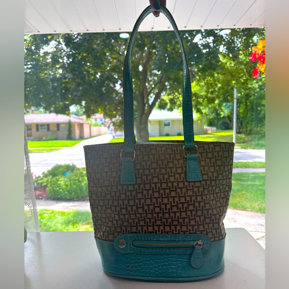 Tommy Hilfiger Monogram Tote Bag w/ Turquoise Faux Croc Trim